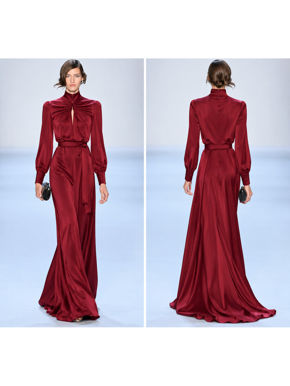 Badgley Mischka Pomegranate Long Sleeve Maxi Gown High Neck Belted sz 4 NWT